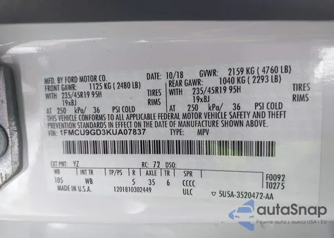 2019 Ford Escape Se z USA, uszkodzony, nr VIN 1FMCU9GD3KUA07837